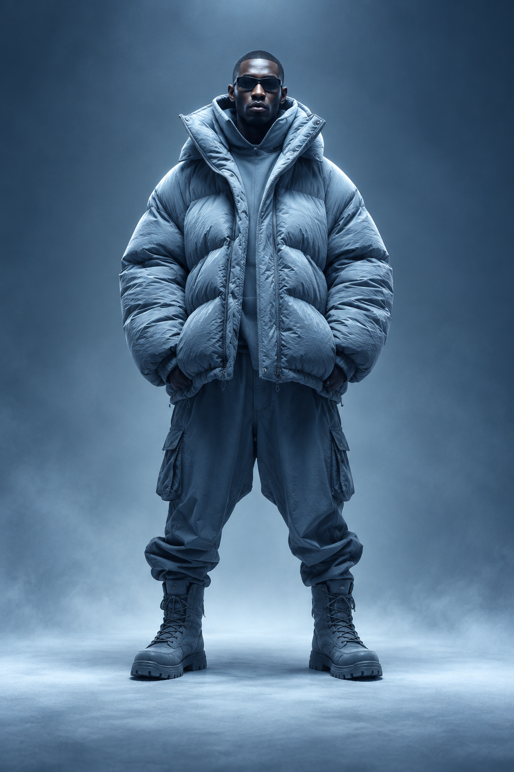 Model in oversized ice blue puffer