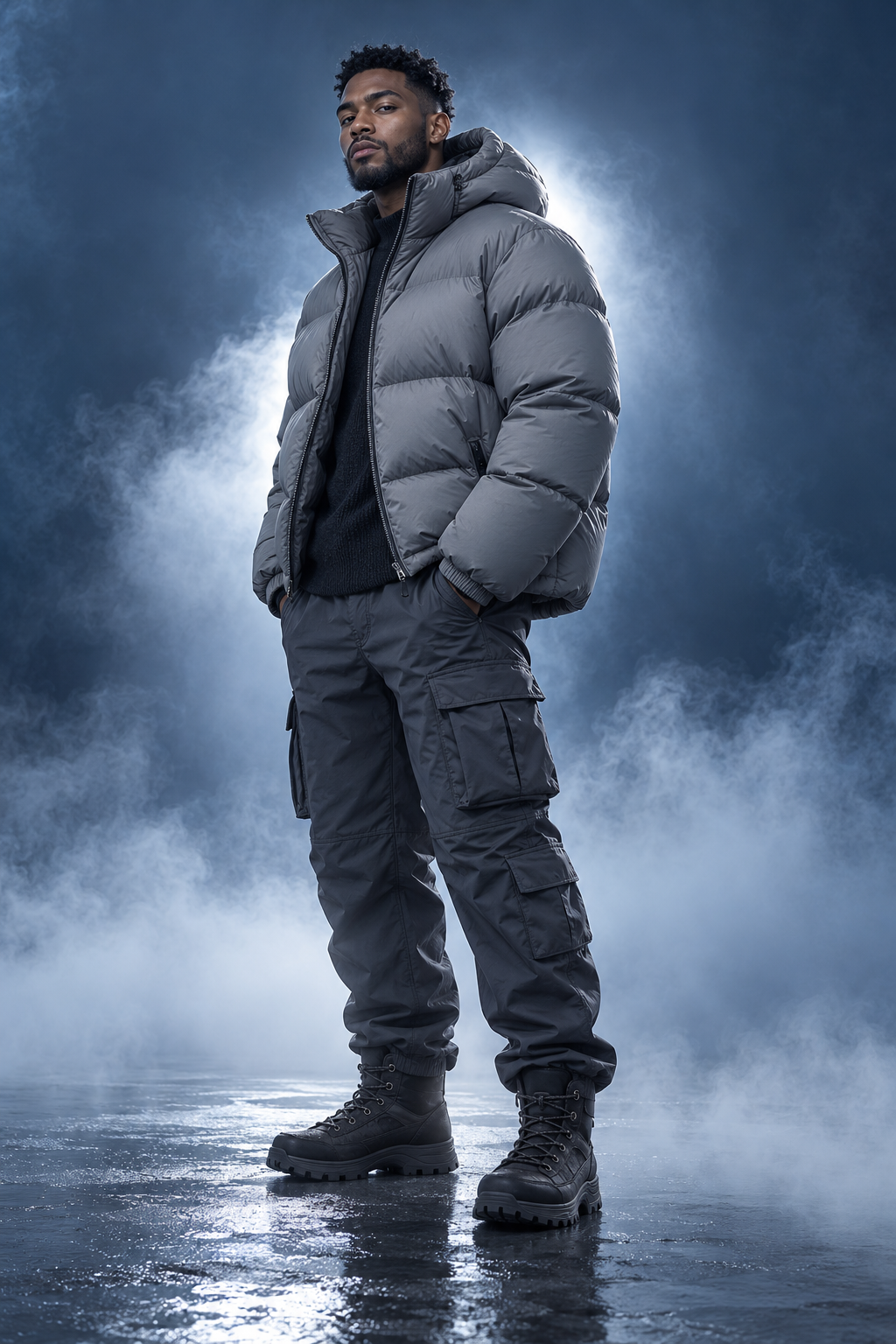 Steel grey puffer in cold mist