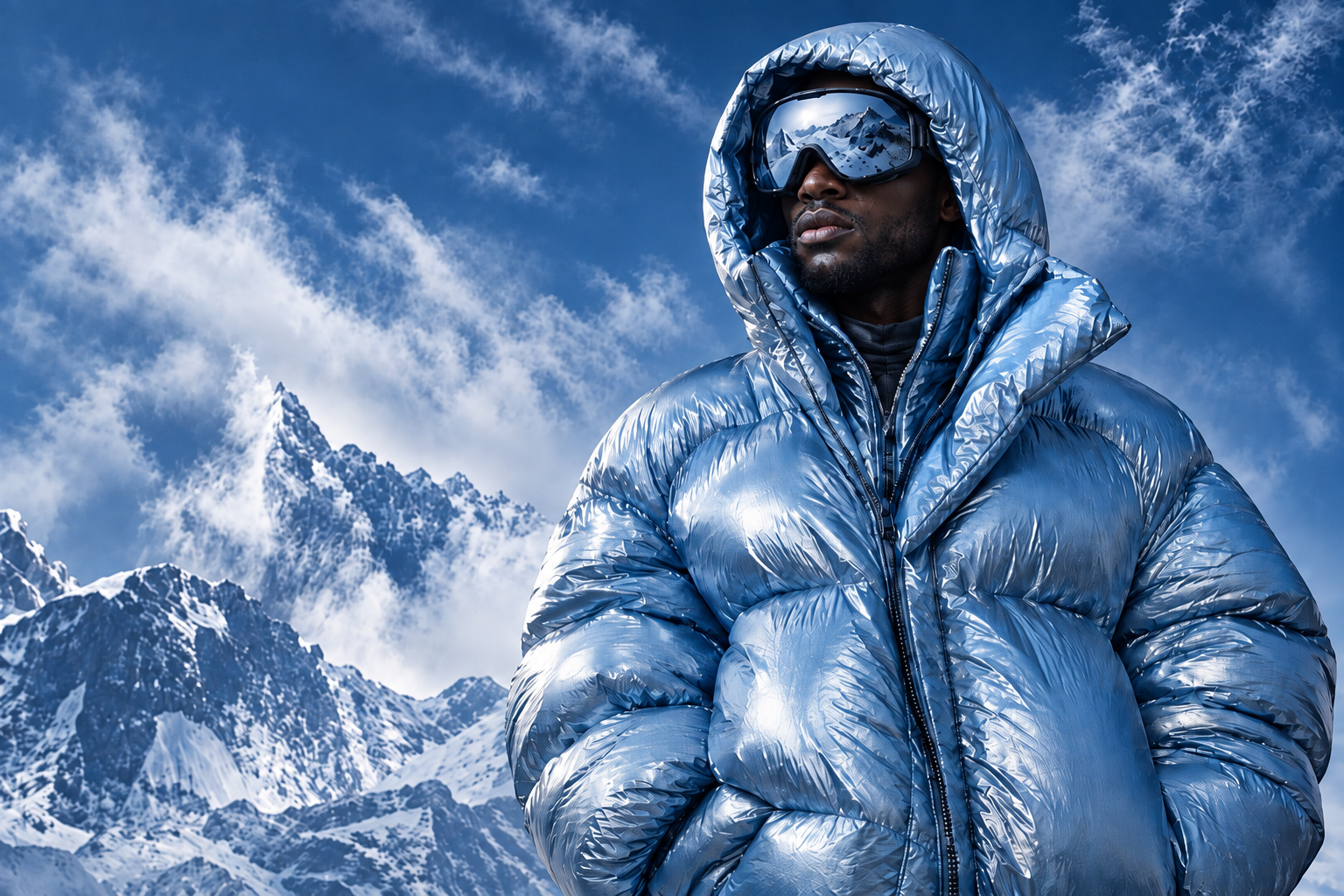 Model wearing a sculptural silver-blue puffer jacket and alpine goggles