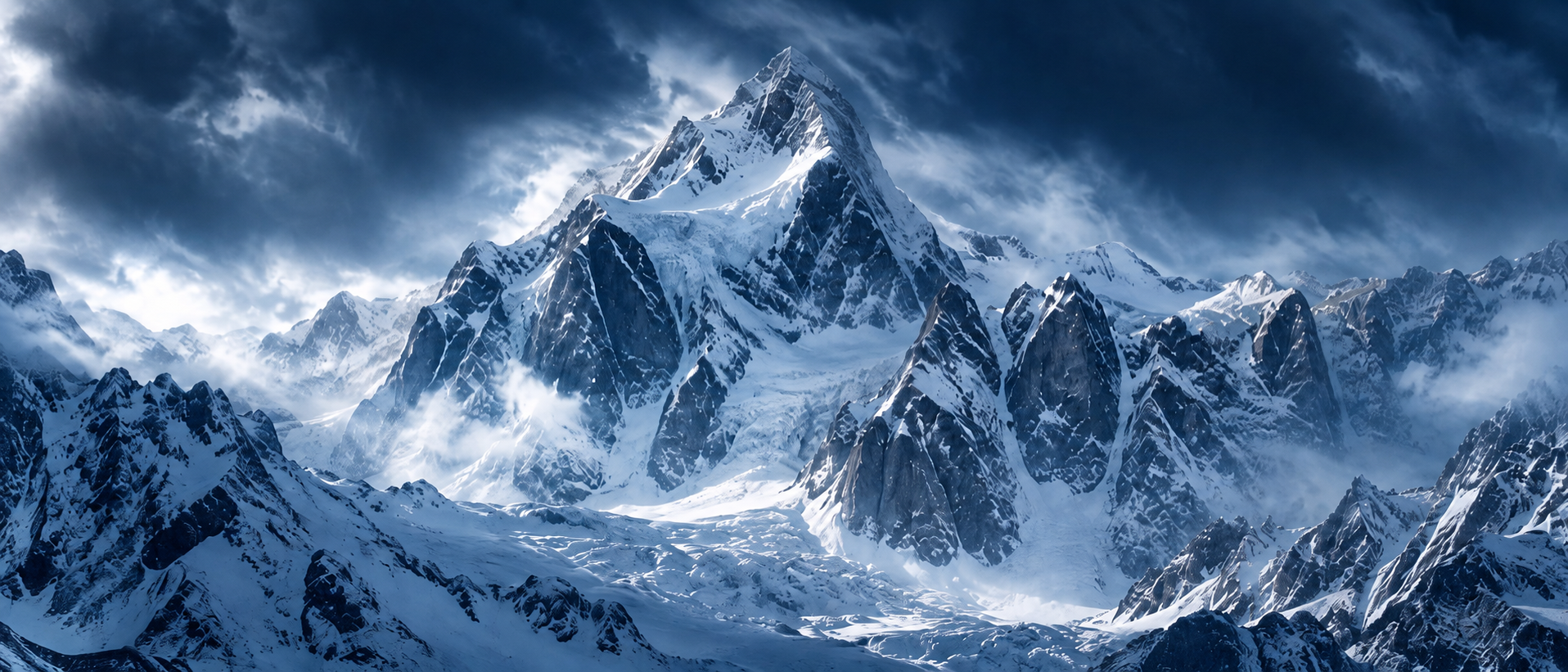 Snow-covered alpine peaks beneath a cold blue sky